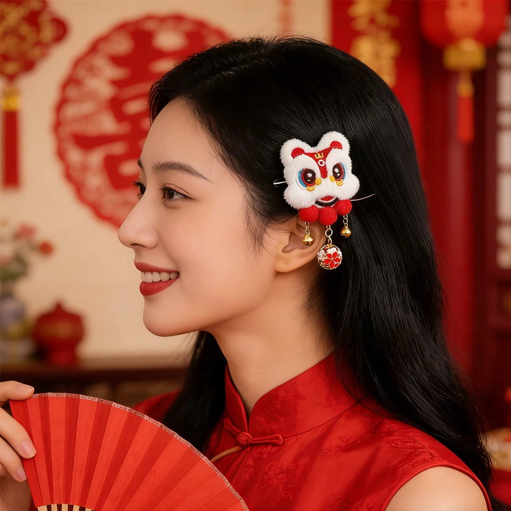 Chinese Lion Dance Pompom Tassel Hair Clips – 2pcs Barrette Set