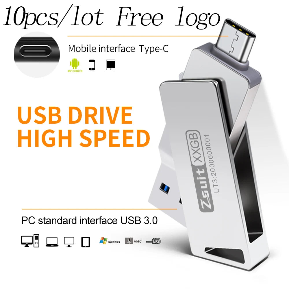 Zsuit 10Pcs/Lot OTG 32G USB Flash Pen Drive Metal Memory Stick Usb 3.0 Flash Disk 064G 128G USB3.0 Dual C Pendrive Type c U Disk Zpaxo