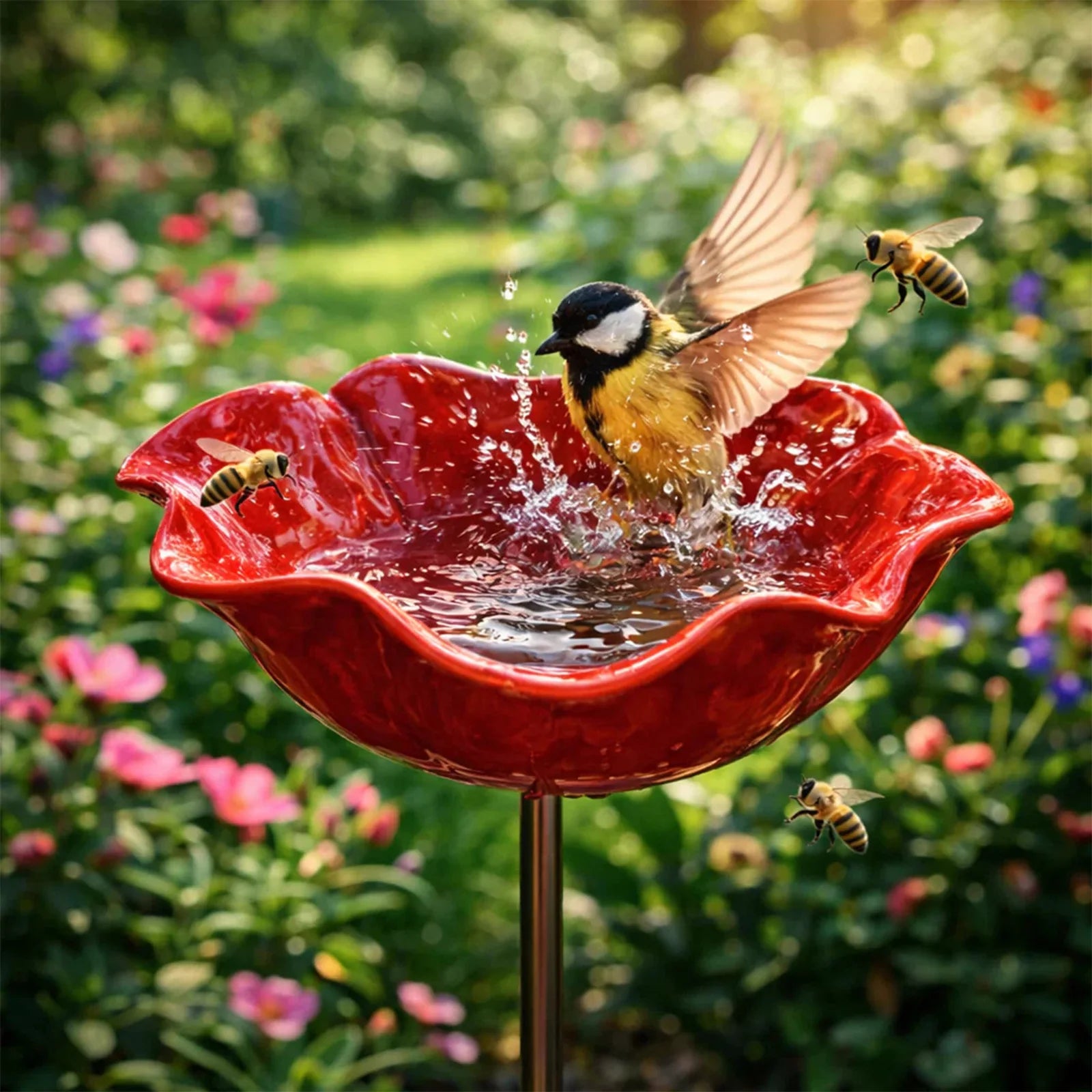 Bee Watering Station Flower Design Butterfly Bath Bowl Decor Metal
