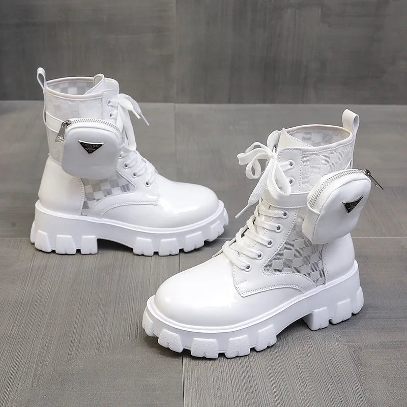 2024 Women Thick-soled Leather Boots Casual Fashion Lace-up Nylon Zpaxo