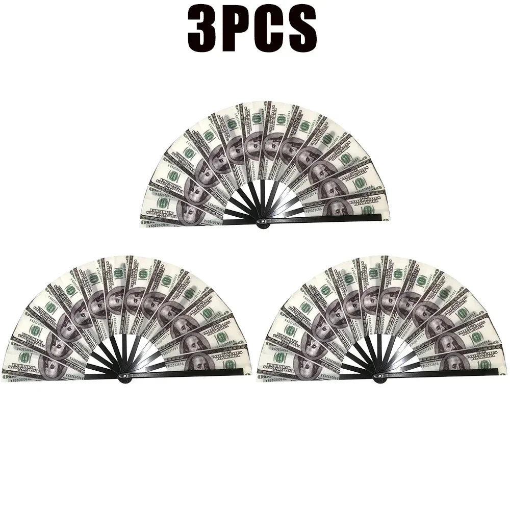 Large Folding Hand Tear Fan Dollar Pattern Music Festival Dance Zpaxo 3PCS