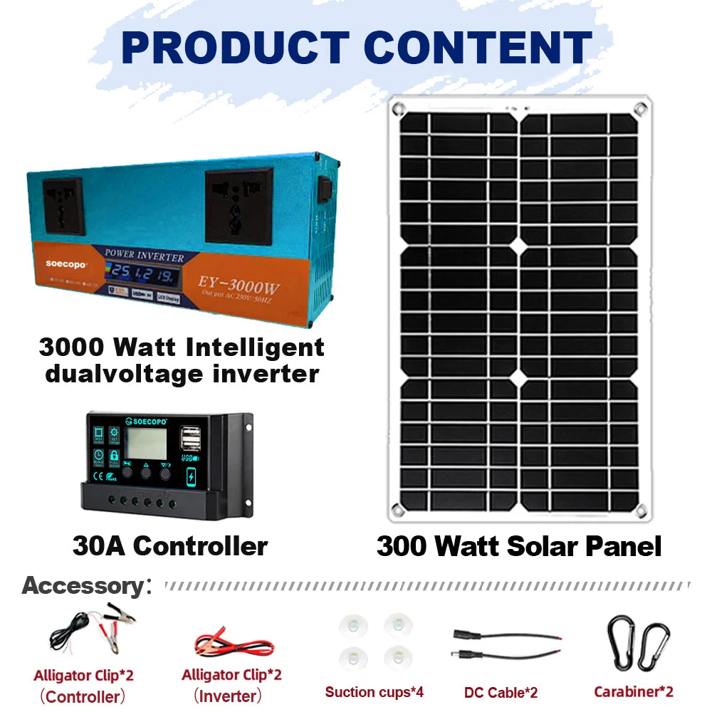 Complete solar power kit with 3000W inverter, panels and 30A controller for renewable energy off-grid and emergency power supply Zpaxo