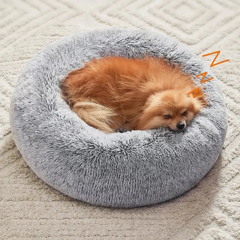 Round Pet Bed Soft Long Plush Winter Warm Sleeping Nest Large Medium