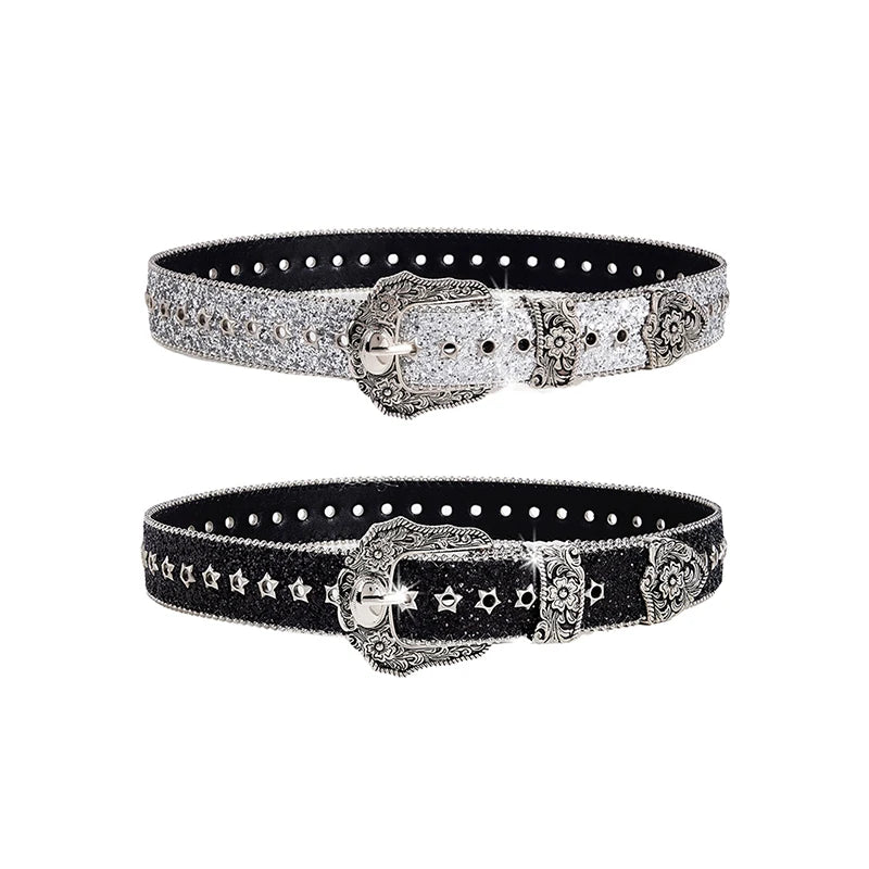 Eye-catching Rhinestone Gothic Belts Girls Western Cowboy PU Leather Zpaxo