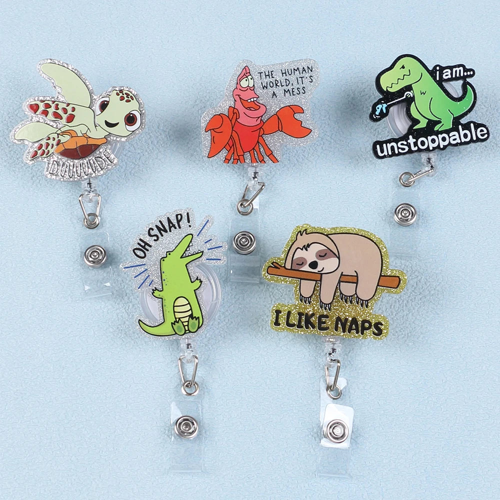 Cartoon Animal Badge Reel Retractable Acrylic Badge Holder Reel ID Clip DinosaurKoala Crocodile Clip for Nurse Office Student Zpaxo