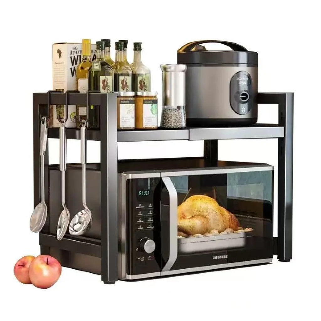 Expandable Microwave Shelf, Microwave Holder with 6 Hooks, Kitchen Storage Rack, Microwave Baking Rack, Extendable 40-64cm Zpaxo