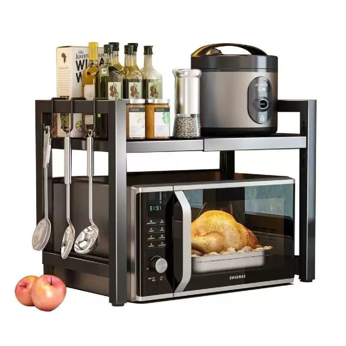 Expandable Microwave Shelf, Microwave Holder with 6 Hooks, Kitchen Storage Rack, Microwave Baking Rack, Extendable 40-64cm Zpaxo