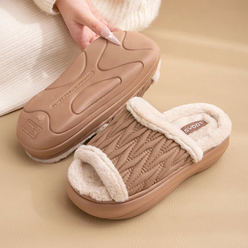 Unisex Block Fuzzy Fur Slippers EVA Thick Anti Slip Platform Sole