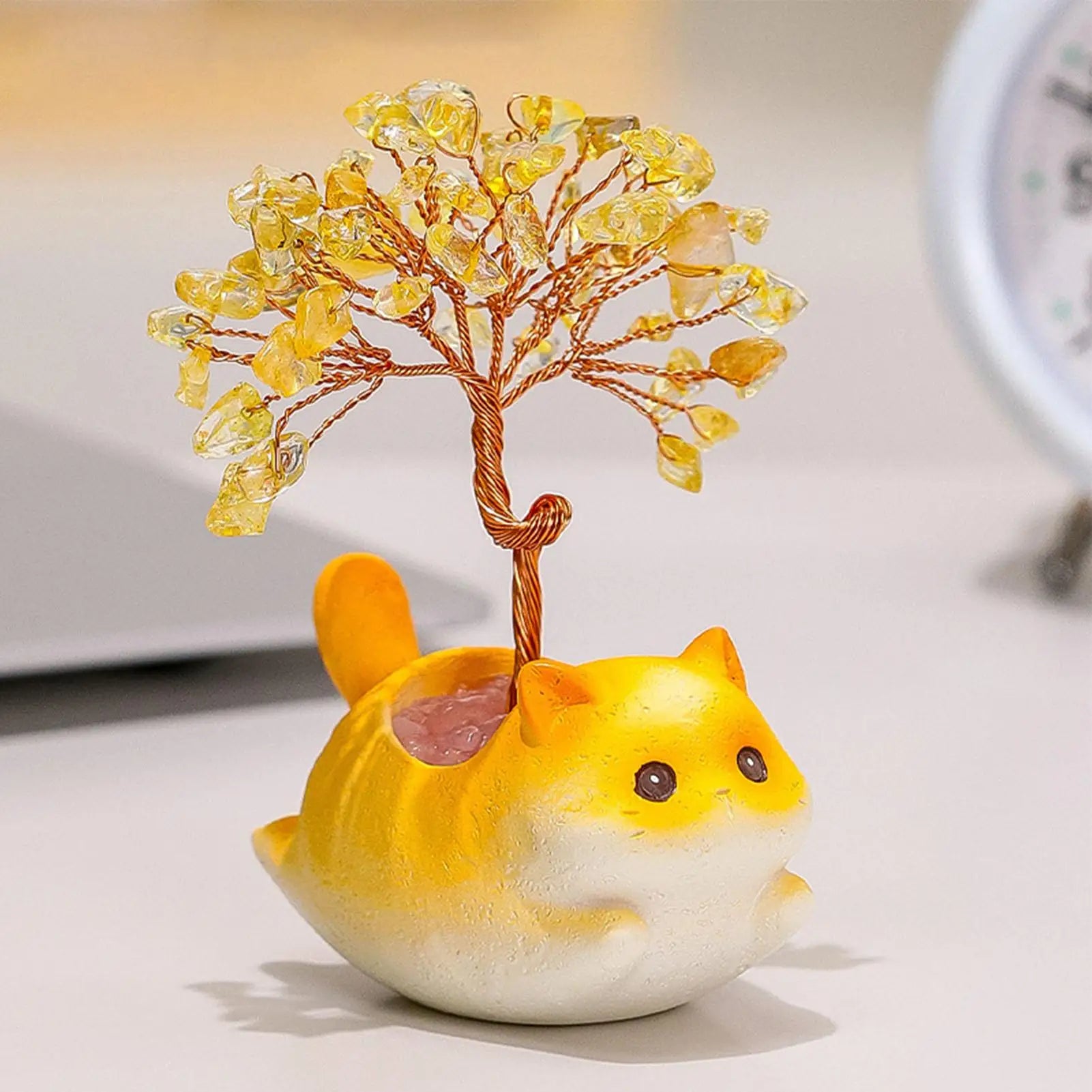 Citrine Crystal Money Tree Cute Kitten Statue Cat Decoration Desk Car