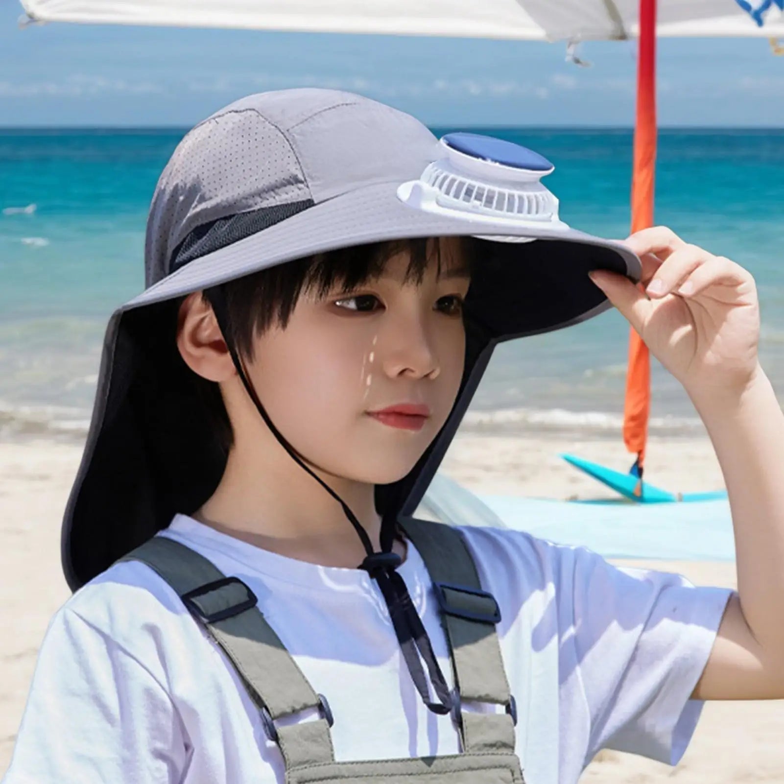 Solar Fan Sun Hat Kids Wide Brim Cooling Day Sunscreen Cap Outdoor Zpaxo