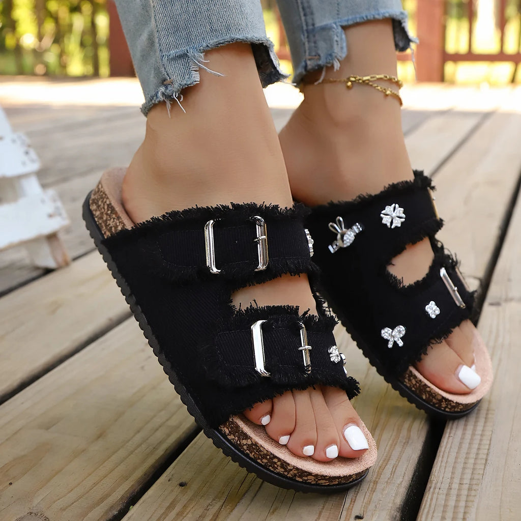 Women Slippers 2025 New Soft Sole Sandals Fashion Designer Female Shoes Purple Canvas Metal Buckle Flat Slippers Slides Women Zpaxo black 40