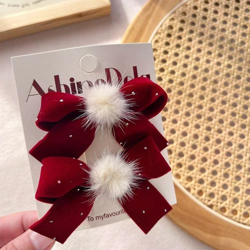 Red Velvet Bow Hair Pins Alloy Heart Clips Kids Girls Pompom Zpaxo