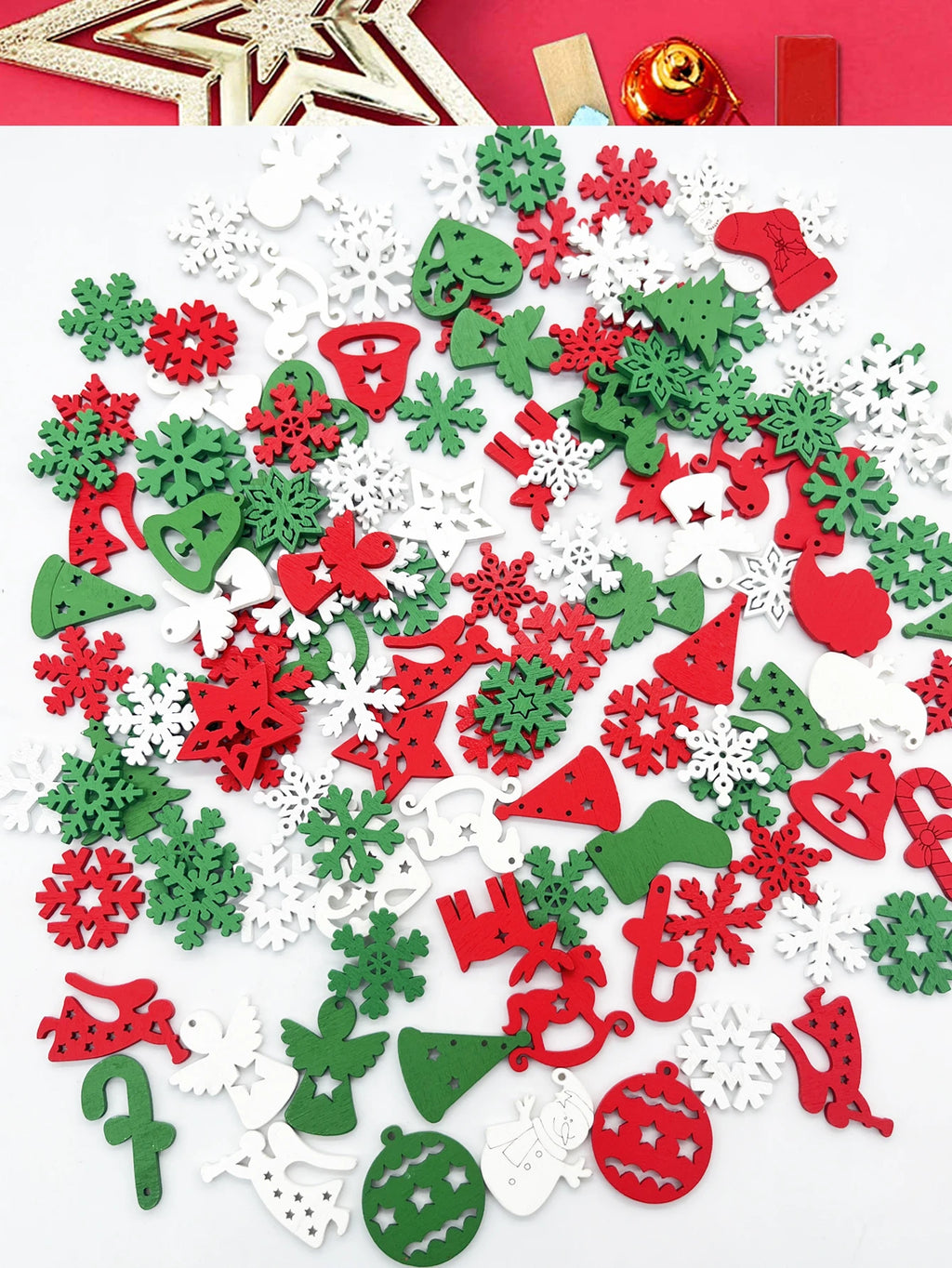 30pcs Christmas Natural Wooden Chip Santa Claus Snowflake Christmas Tree Hanging Ornament Pendant Christmas Decoration DIY Craft Zpaxo