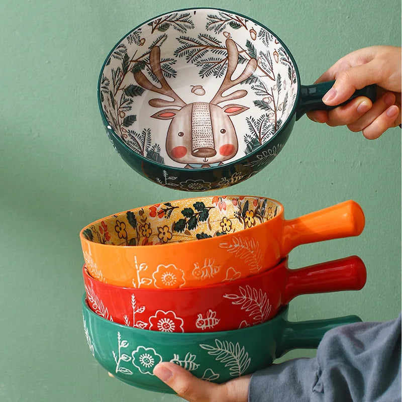 Japanese Cartoon Salad Ceramic Handle Bowl Noodles Bowl Cute Animal Pattern Handle Bowl Breakfast Creative Bureau Rice Bowl Zpaxo