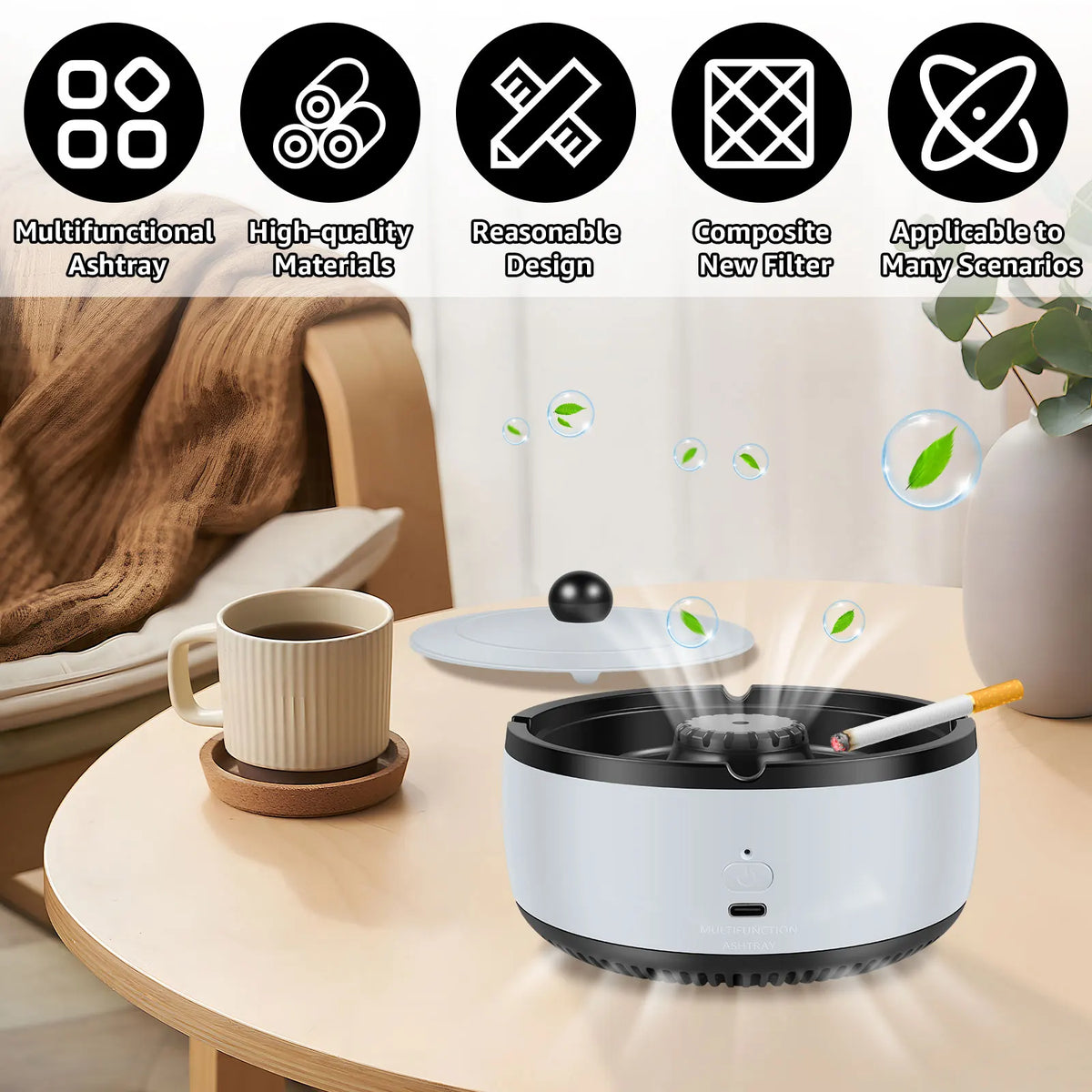 2 in 1 Purifier Ashtray Filtering Second-Hand Smoke From Cigarettes Remove Odor Smoking Accessories with Lid for Family Office Zpaxo