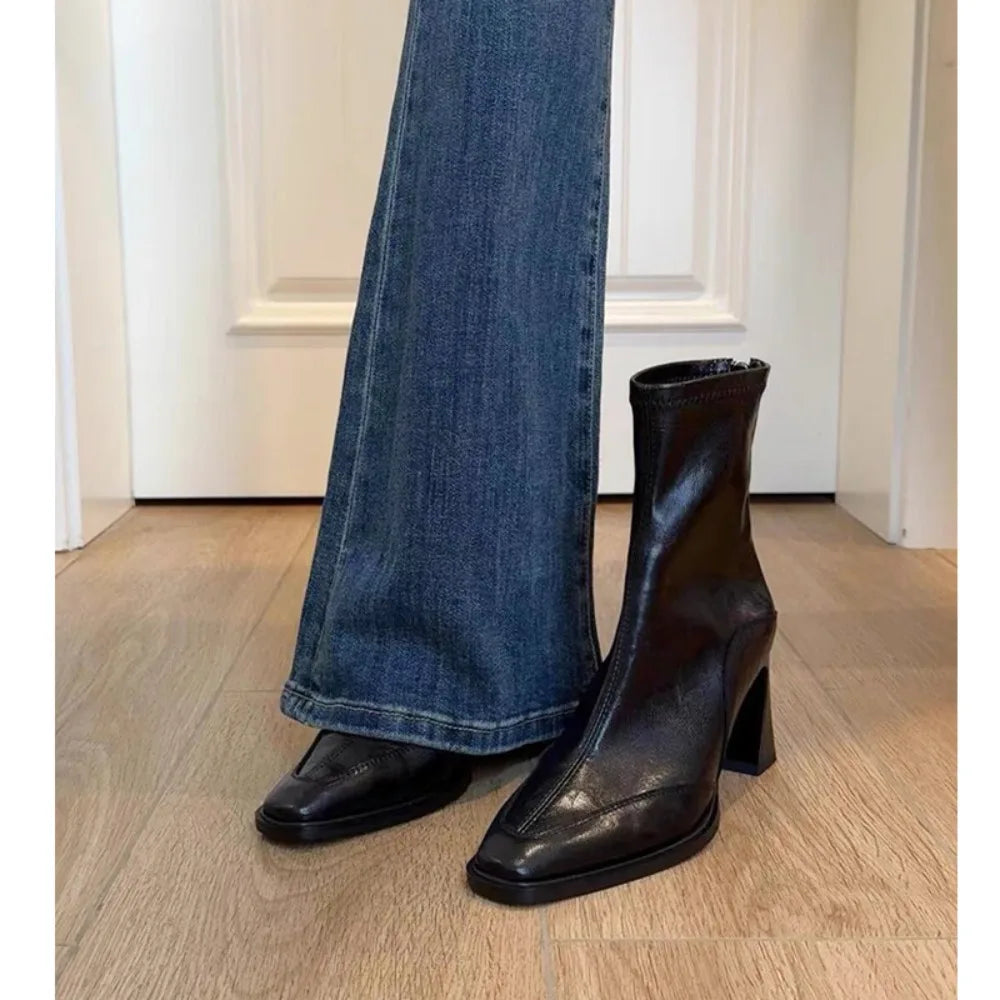 Autumn Vintage Elastic Slim Women Ankle Boots Fashion Soft Leather