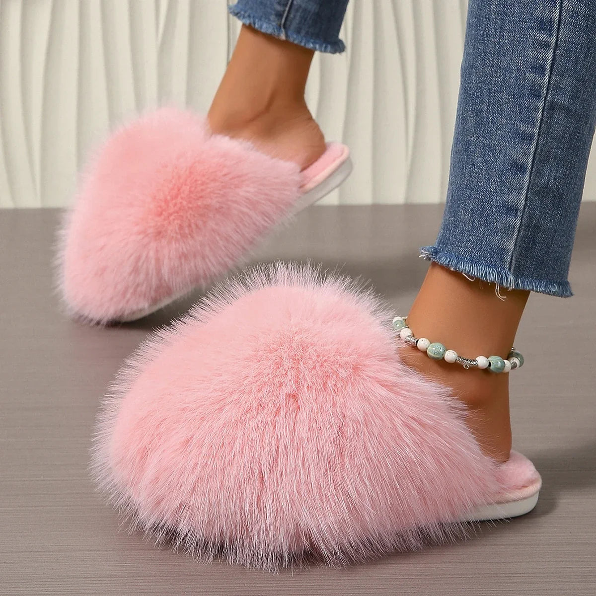 Women Indoor Slippers Autumn Winter Faux Fur Home Shoes Women Soft Sole Fashion Warm Fluffy Slippers Solid Baotou Slides Women Zpaxo Pink 38-39