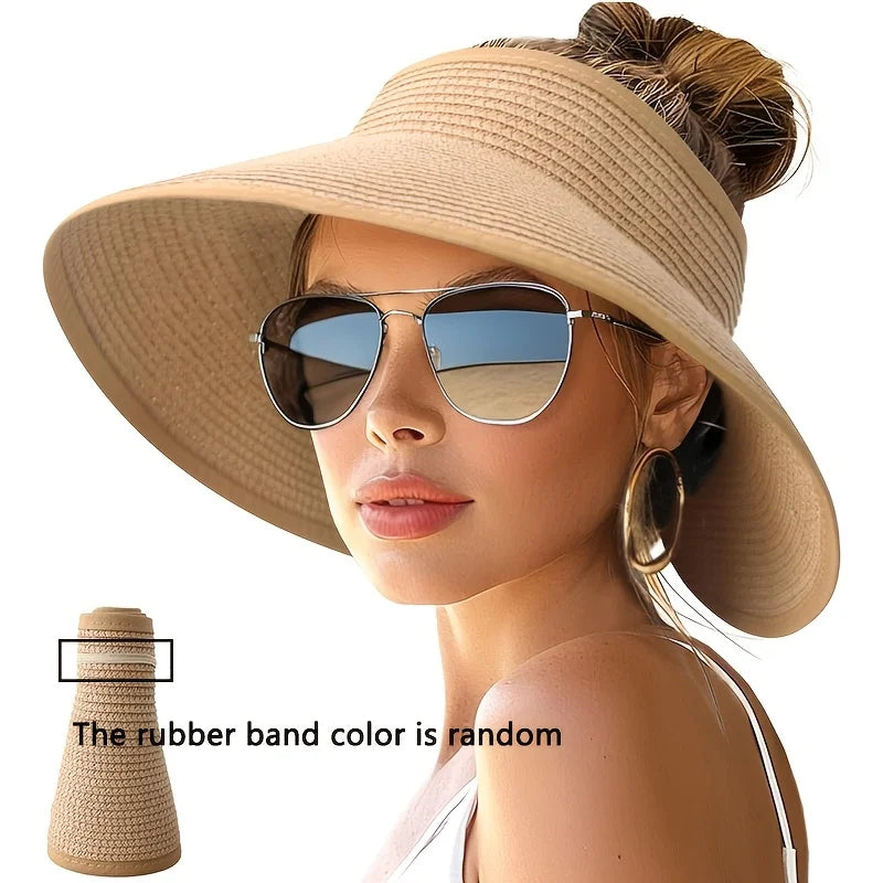 Summer Women Wide Brim Sun Hat, Roll-Up Foldable Beach Ponytail Hat, Seaside Travel Straw Hat, UV Protection Outdoor Visor Cap Zpaxo