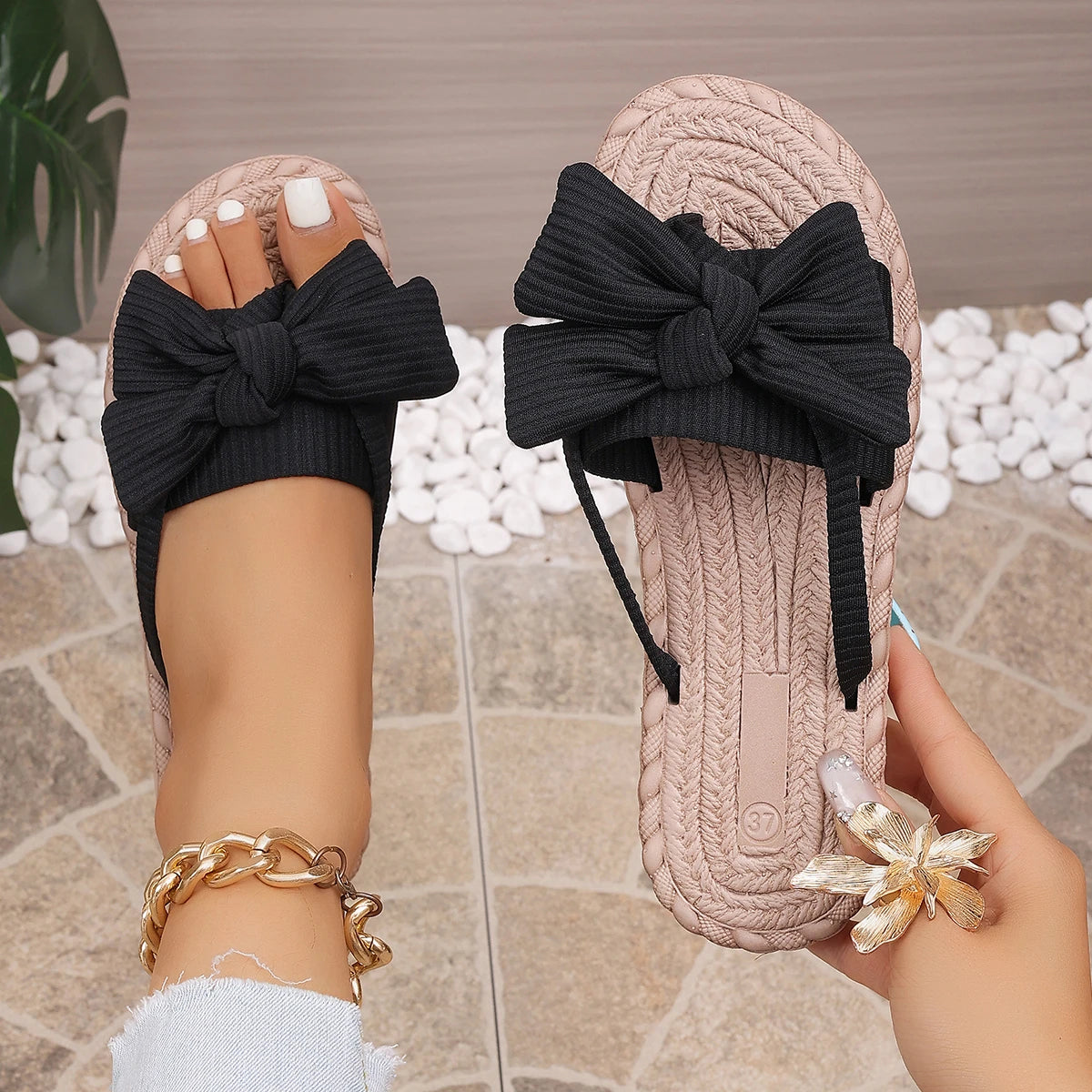Women Slippers Bowknot Summer Flat Sandals Rope Sole Casual Beach Zpaxo black 37