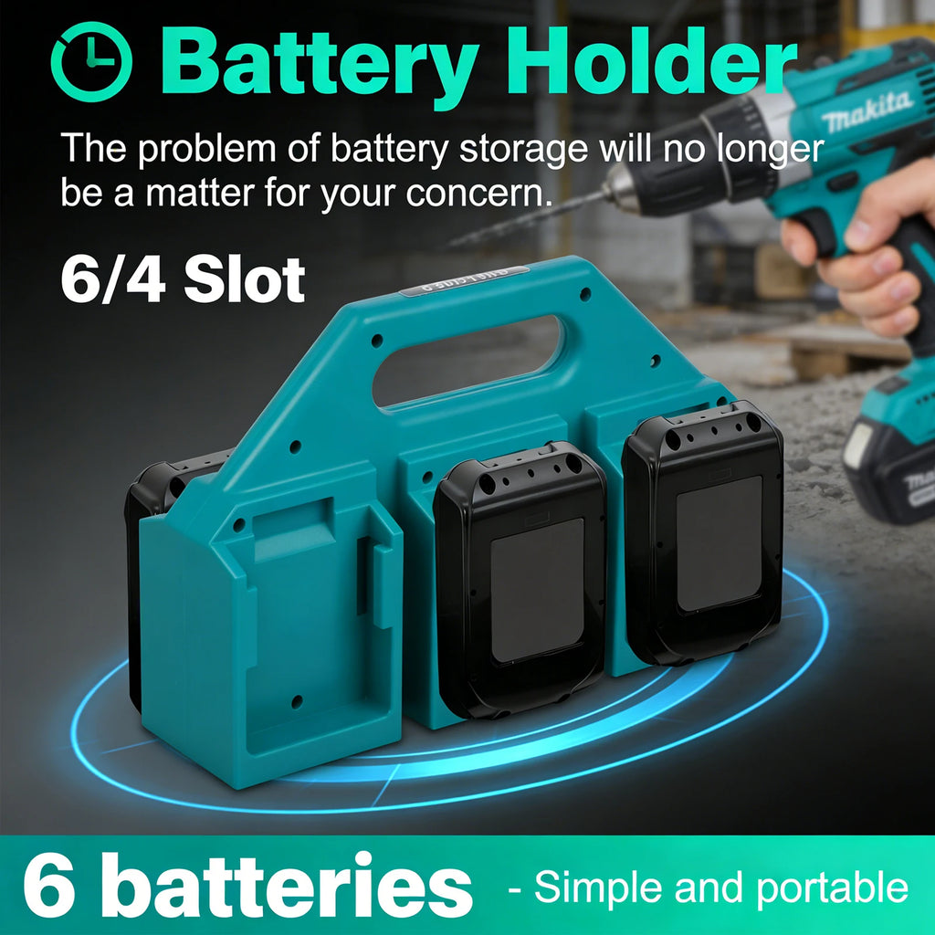 6/4 Slot Battery Storage Holder for Makita 18V/14.4V Fits BL18/BL14 Batteries Portable and Rugged Battery Organizer for Workben Zpaxo