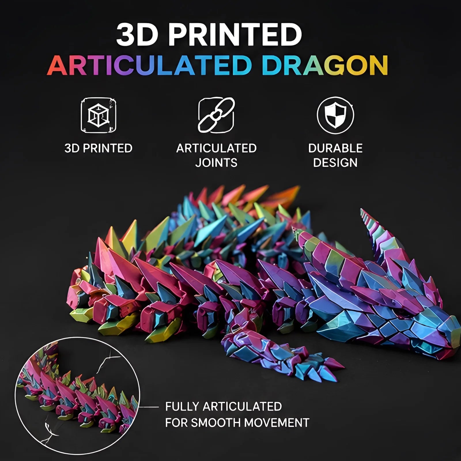 3D Printed Articulated Dragon Flexi Fidget Toy Posable Crystal Desk