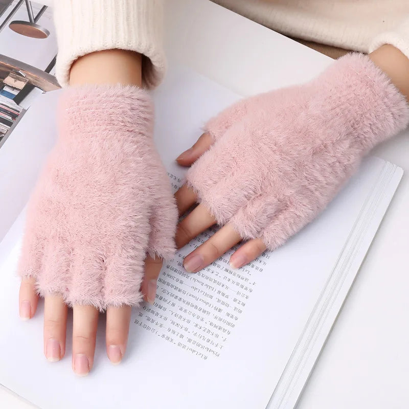 Women Men Half Finger Winter Imitation Mink Cashmere Gloves Touch Screen Writing Woolen Warm Mittens For Driving Outdoor Sports Zpaxo ST016-Pink