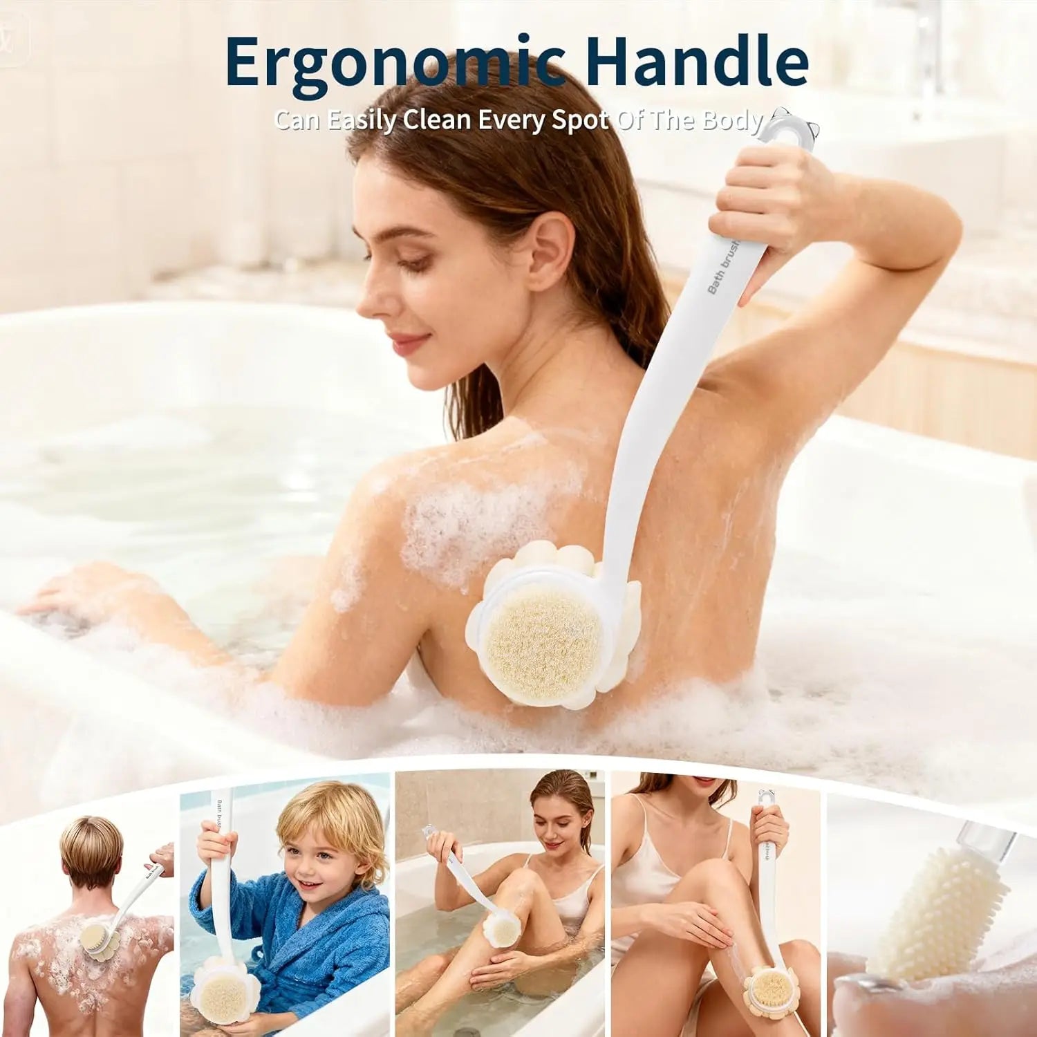 3-in-1 Long Handle Shower Brush – Back Scrubber & Exfoliator