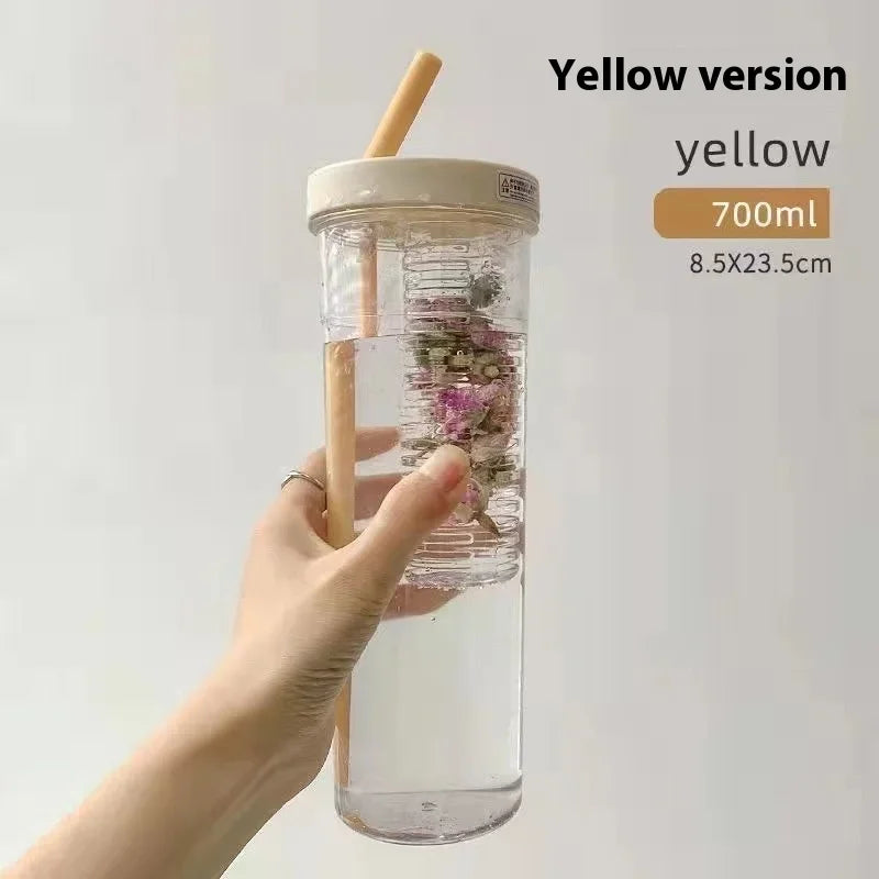 Hot Plastic Water Bottle with Straw Fruit Infuser Tea Juice Cup Fitness Outdoor Travel Bottles Kettle Transparent Straw Cup yuzi Zpaxo 700ml Yellow