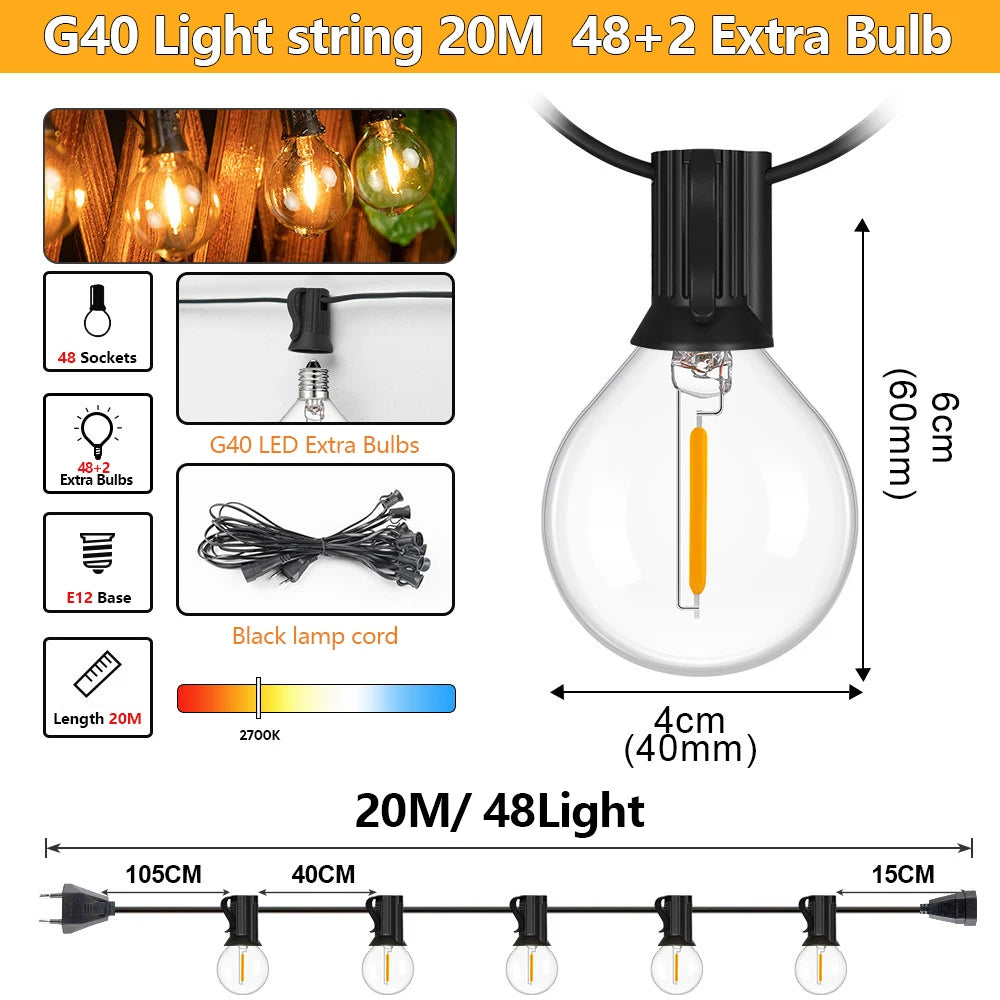 Outdoor String Lights G40 LED Patio Lights EU Plug Edison Bulbs Waterproof Hanging Light for Backyard Party Wedding Camping Lamp Zpaxo 20M 48Bulbs 220V-EU Plug