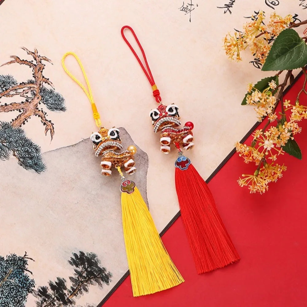 Tassel Lion Dance Creative Ornaments Chinese Style Lucky Lion Dance Car Pendant Red Ancient Mascot Lion Wake Keychain Home Decor Zpaxo