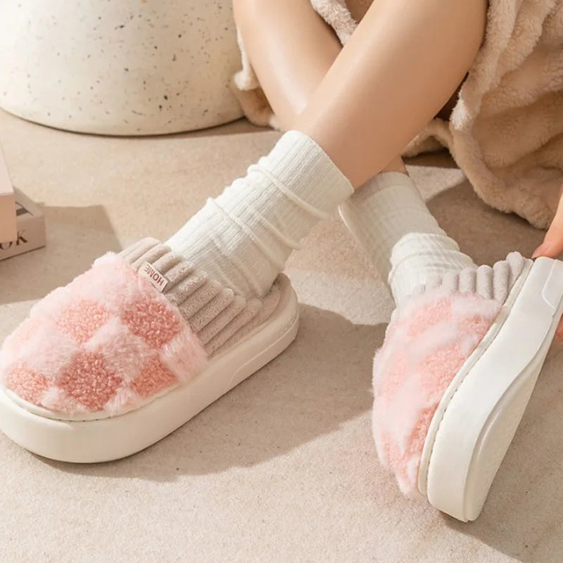 Fashion Couple Winter Slides Warm Plaid Fluffy Slippers Soft Sole