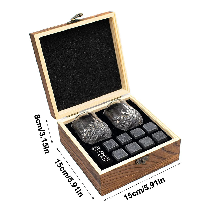 Whiskey Stones And Whiskey Glass Gift Set Of 4, For Men | Father's Day, 8 Granite Whiskey Stones, 2 Whiskey Glasses,1 Wooden Box Zpaxo Beige