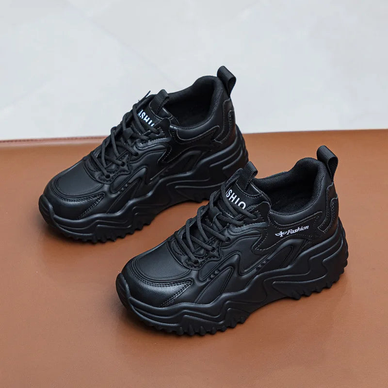 White Mesh Leather Chunky Dad Sneakers Women Lace Up Design Round Toe Zpaxo