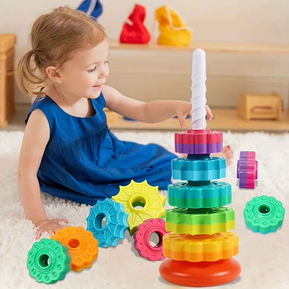 Rotating Rainbow Tower Stack Unstack Puzzle Toy 6 Colorful Levels