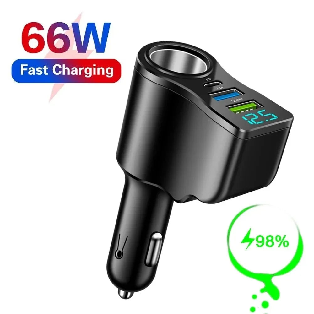 4-in-1 66W USB-C Car Charger with Voltage Display | Fast Charge Car Charger Zpaxo