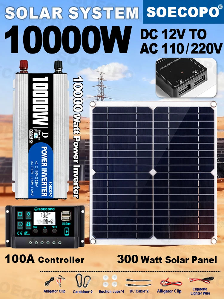 10000W Complete Solar Power 300W Panel 100A Controller Inverter 12V