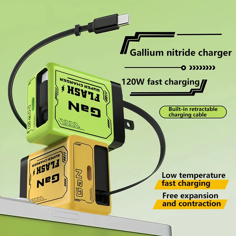 120W Gan Charger Retractable Cable PD3 0 Fast Charging Iphone