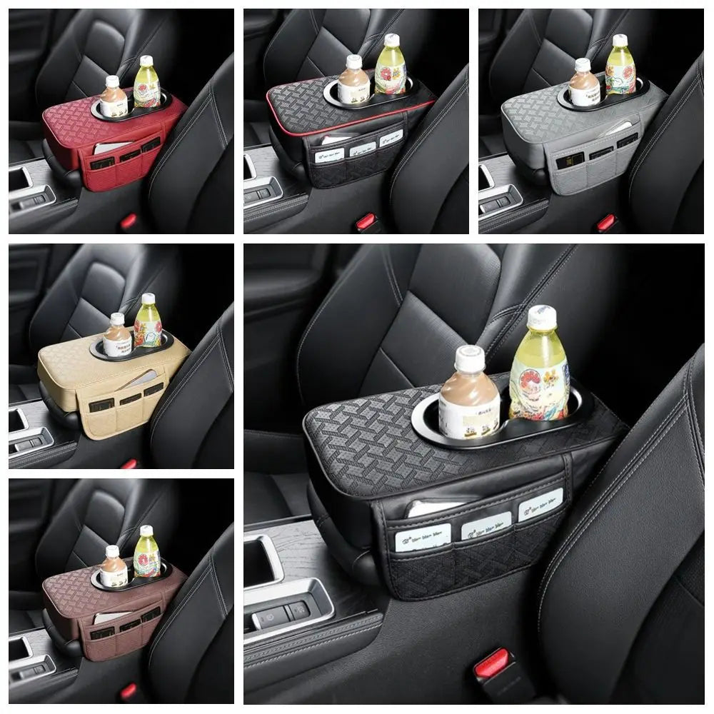 Universal Car Armrest Box Cover PU Leather 2 Cup Holders Center Zpaxo