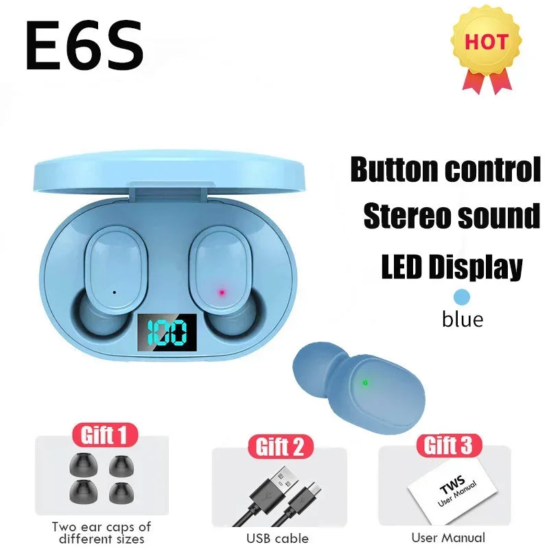 2026 TWS E6S Fone Bluetooth Earphones Wireless Headset Noise Zpaxo Blue Earbuds