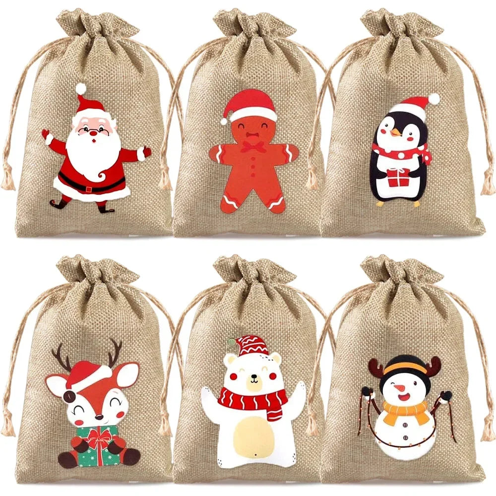 6PCS Christmas Linen Drawstring Bags Candy Biscuits Pouchs Burlap Bracelet Jewelry Storage Bags Xmas Kids Gift Packaging Bags yu Zpaxo A Other 10x15cm