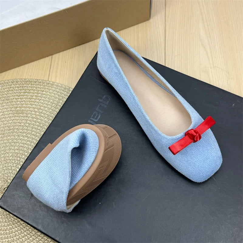 Flat Shoes Women 2025 Spring Autumn French Bow Square Toe Ballet Shoes Women Loafers Women Shoes Super Big Size 43 44 Zpaxo