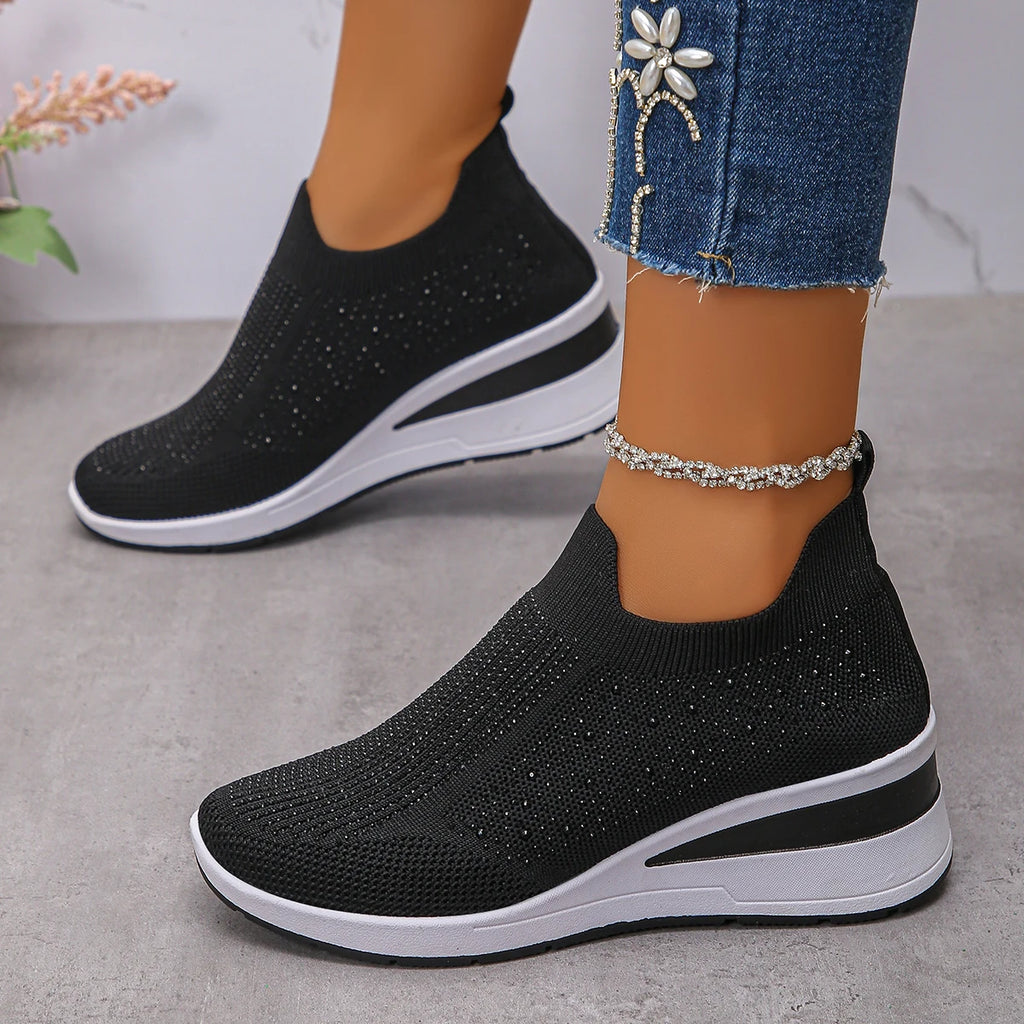 2025 Women Sneakers Rhinestone Wedge Breathable Knitted Running Shoes