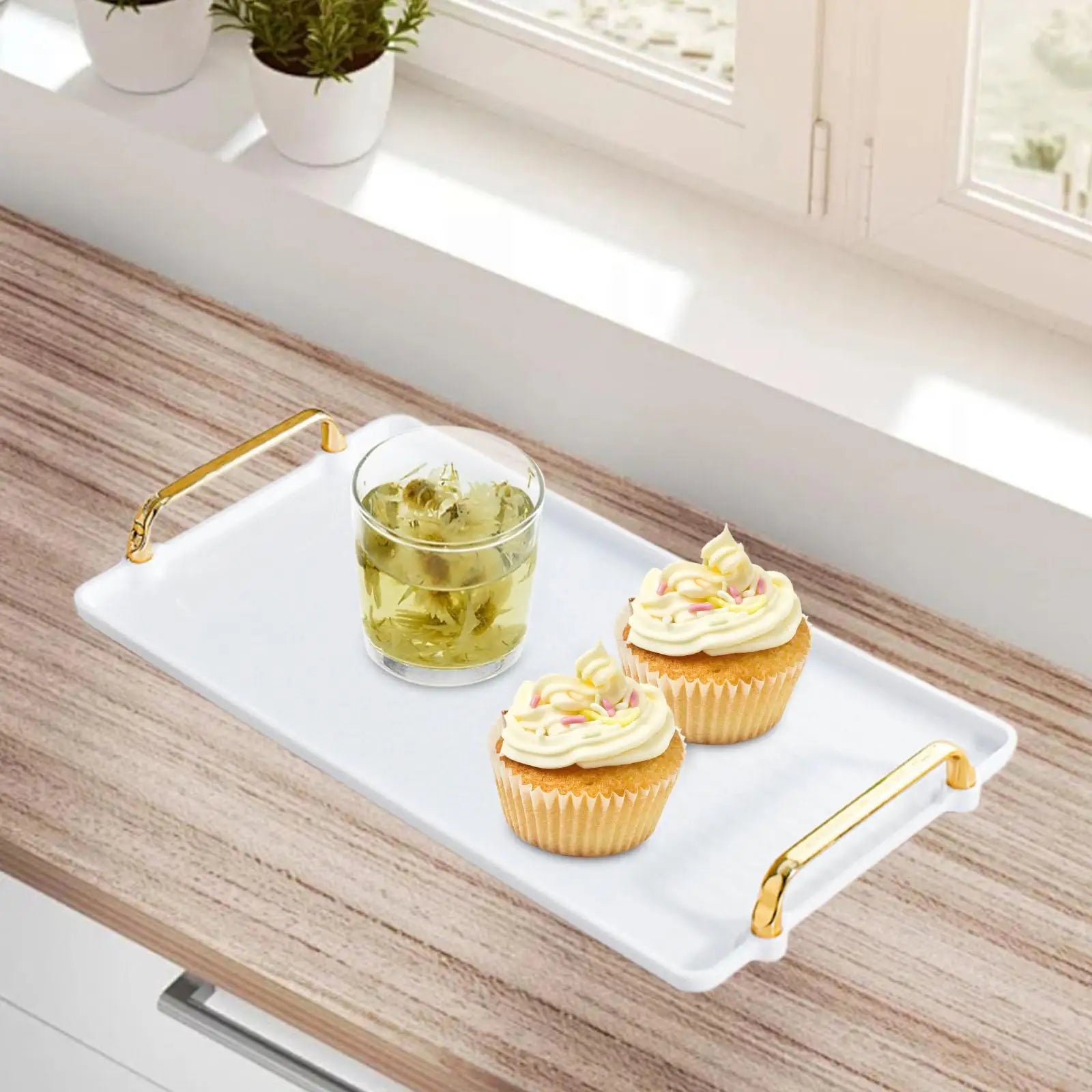 Rectangular Serving Tray with Handles – Vanity & Kitchen Platter Serving Tray Zpaxo white large