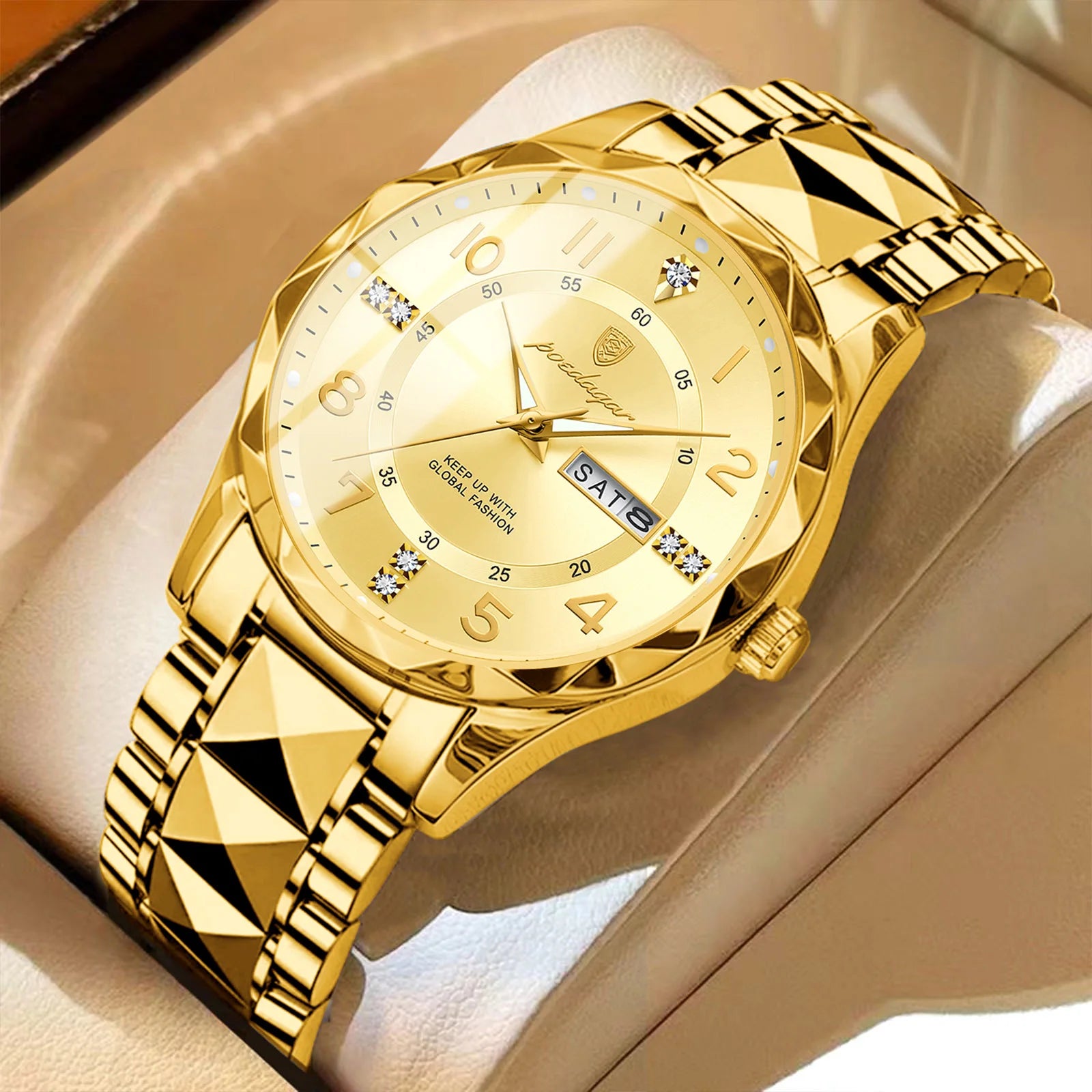 POEDAGAR Top Business Men Quartz Watch Waterproof Date Week Luminous Wristwatch Stainless Steel Fashion Men's Watches Man Clock Zpaxo 858 Gold Gold