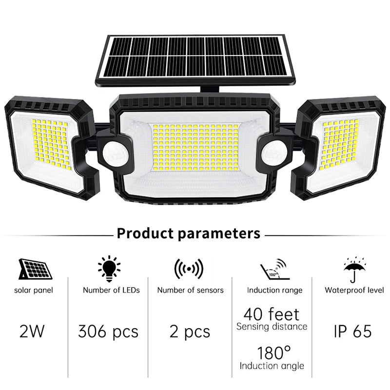 Solar 305 LED Lights Outdoor Double Motion Sensor Wireless 3 Modes Super Waterproof Spot Security Flood Lights Zpaxo