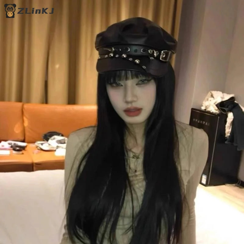 ▶Vintage Rivet Beret Harajuku Y2K Girl Gothic Lolita Black Leather Dark Face Revealing Flat Top Newsboy Caps Sunscreen Beret Cap Zpaxo