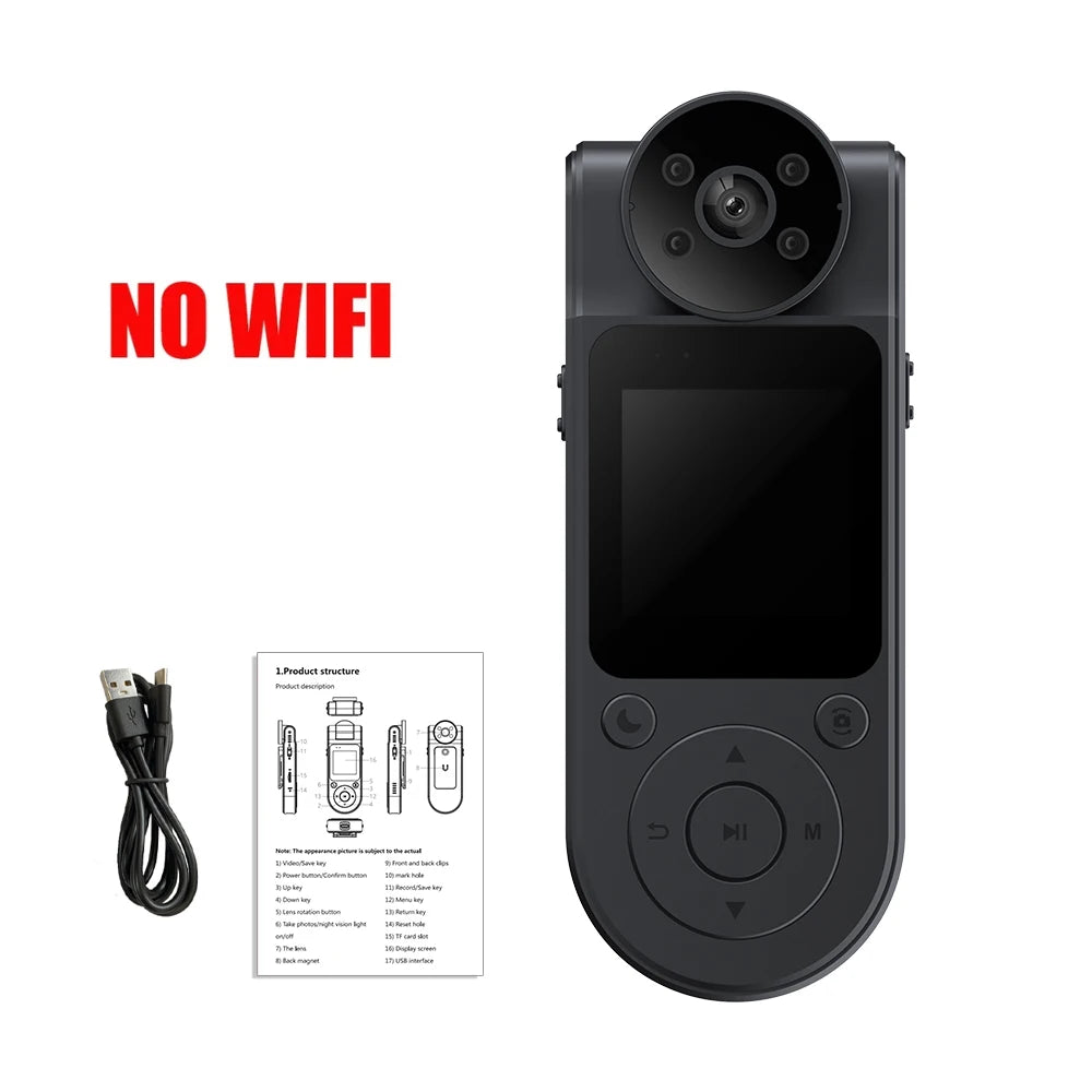 HD 1080P Mini Camera Bodycam 180° Adjustable Sports DV Camera Outdoor Law Enforcement Recorder Wifi Hotspot Night Vision Cam Zpaxo NO WIFI Without TF Card