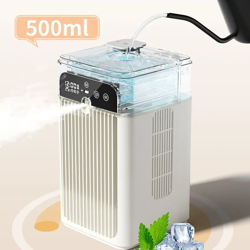portable mist fan, spray cooling fan, rechargeable humidifier fan, digital display travel mist fan, safety lock portable fan Zpaxo
