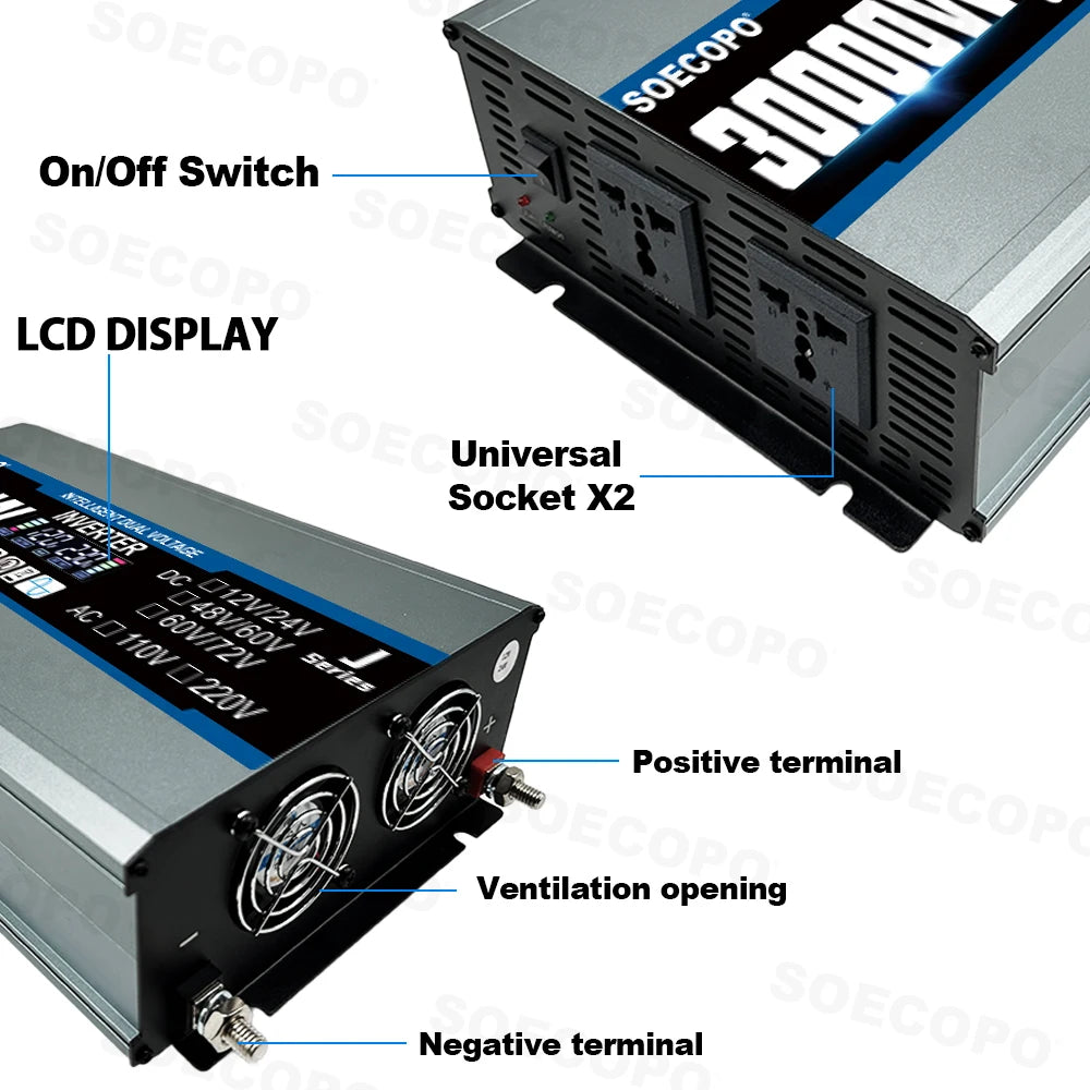 SOECOPO 30000W Solar System Inverter 2 Sockets Dual Voltage Input 12V