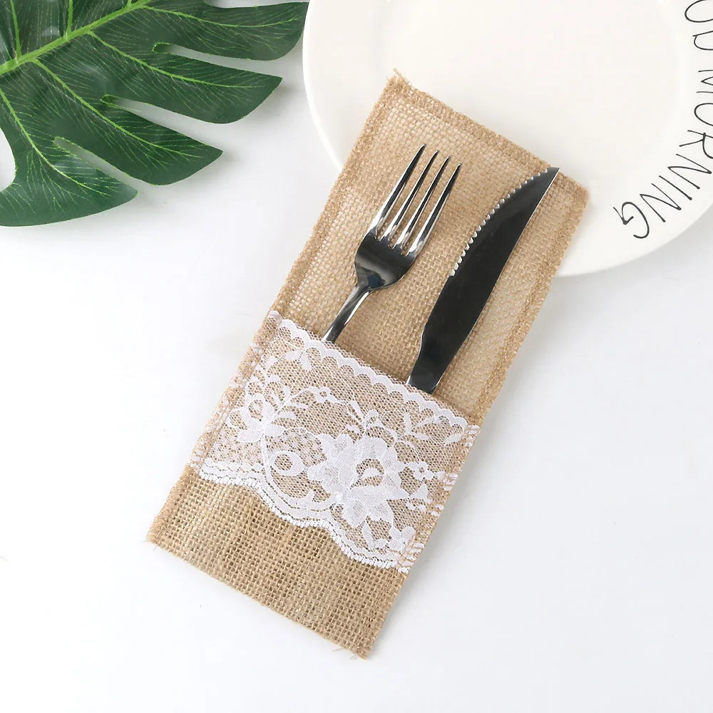 10- Burlap Lace Cutlery Pouch Party Tableware Decor Vintage Jute Zpaxo B 20pcs